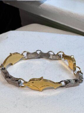 🐬✨ Vintage .925 Sterling Silver & Gold-Tone Dolphin Bracelet — Coastal Elegance